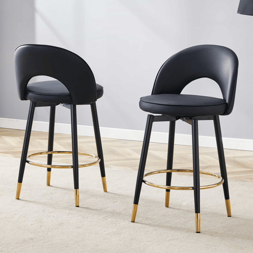 Banco de bar giratório 360° - Almofada em PU preto, confortável e acolchoada, ideal para bares, salas de jantar, cozinhas e terraços - Preto