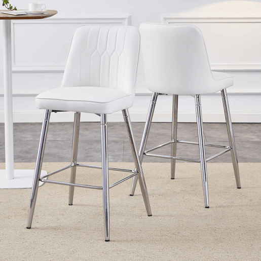 Conjunto de 2 bancos de bar, 100 cm - Couro PU branco, estrutura metálica prateada, apoio para os pés confortável - Branco e prateado