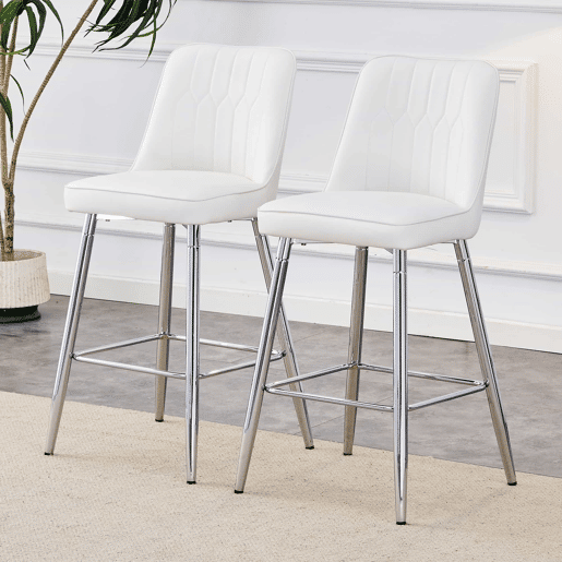 Conjunto de 2 bancos de bar, 100 cm - Couro PU branco, estrutura metálica prateada, apoio para os pés confortável - Branco e prateado