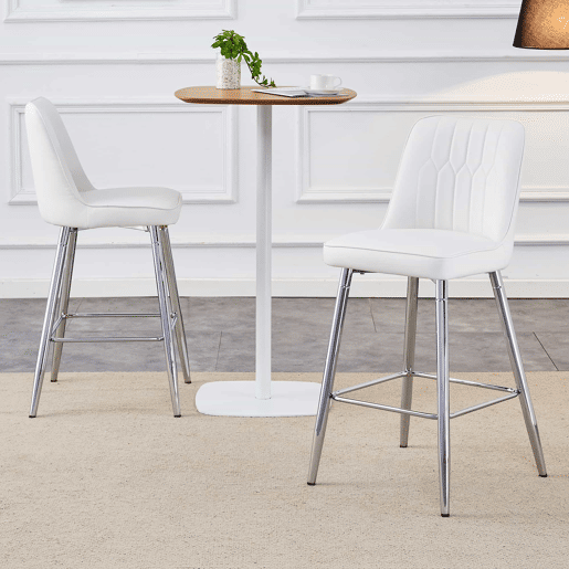 Conjunto de 2 bancos de bar, 100 cm - Couro PU branco, estrutura metálica prateada, apoio para os pés confortável - Branco e prateado