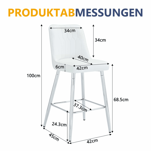 Conjunto de 2 bancos de bar, 100 cm - Couro PU branco, estrutura metálica prateada, apoio para os pés confortável - Branco e prateado