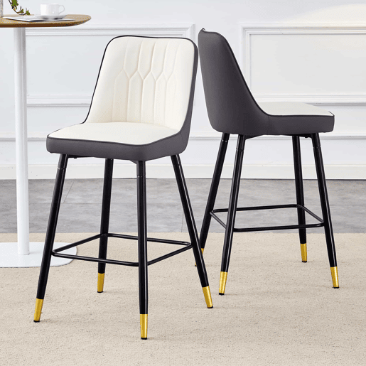 Conjunto de 2 bancos de bar 100 cm - couro PU, base metálica preta, apoio para os pés confortável - Cinza escuro, Branco+Prata