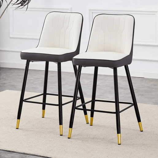Conjunto de 2 bancos de bar 100 cm - couro PU, base metálica preta, apoio para os pés confortável - Cinza escuro, Branco+Prata