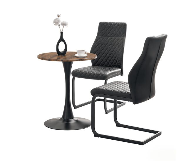 Conjunto mesa y sillas 60 cm - mesa mdf con patas negras + 2 sillas comedor con respaldo rombo y estructura metálica - negro, nogal
