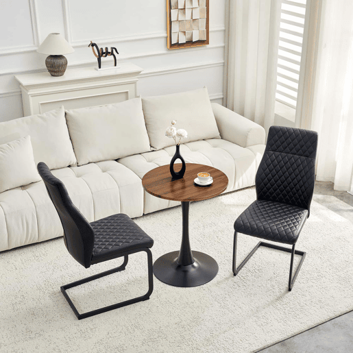 Conjunto de mesa e cadeiras de 60 cm - Mesa em MDF com pés pretos + 2 cadeiras de jantar com encosto em losango e estrutura metálica - Preto, Nogueira