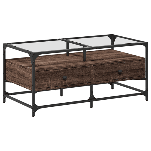 Mesa de Centro, Mesa baixa, c topo vidro 98,5x50x45cm carvalho castanho aço Mesa de Centro, Mesa baixa, c topo vidro 98,5x50x45cm carvalho castanho aço