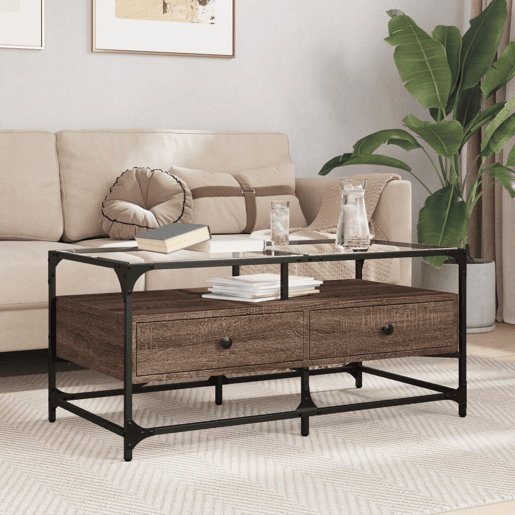 Mesa de Centro, Mesa baixa, c topo vidro 98,5x50x45cm carvalho castanho aço Mesa de Centro, Mesa baixa, c topo vidro 98,5x50x45cm carvalho castanho aço