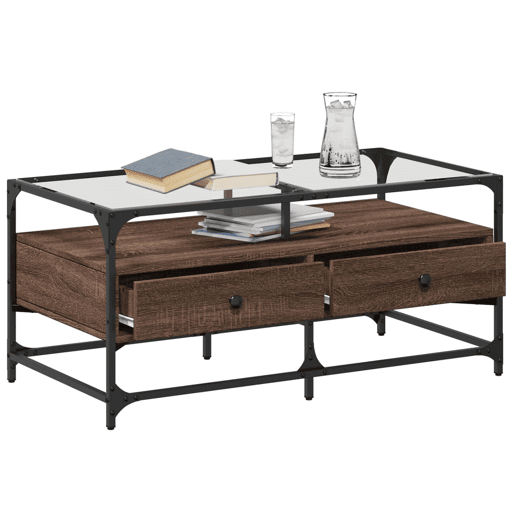 Mesa de Centro, Mesa baixa, c topo vidro 98,5x50x45cm carvalho castanho aço Mesa de Centro, Mesa baixa, c topo vidro 98,5x50x45cm carvalho castanho aço
