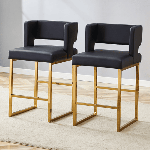 Bancos de bar 2 unidades - estilo nórdico, design quadrado, pernas metálicas douradas - Preto+Dourado