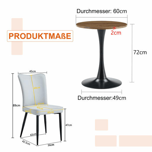 Conjunto de mesa e cadeiras de 60 cm - Mesa redonda em MDF com 2 cadeiras de jantar em PU - Cinza claro e preto