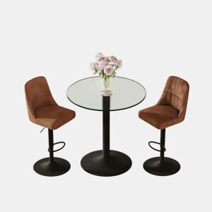 Conjunto de bar de 89 cm - Mesa de vidro com 2 bancos giratórios em tecido técnico castanho, estrutura metálica preta - Castanho+Preto+Transparente