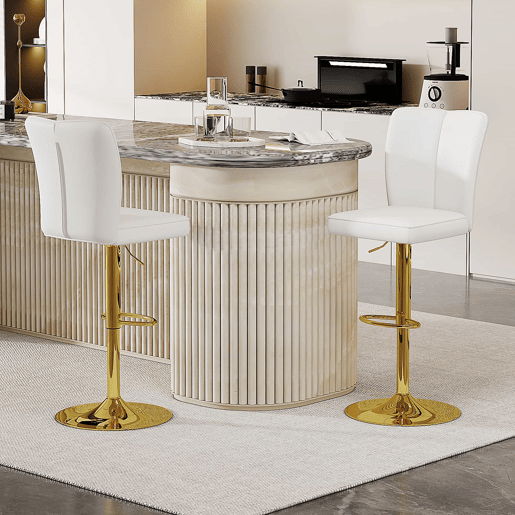 Bancos de bar ajustáveis, 2 unidades - giratórios a 360° - PU resistente à água - Branco + Dourado