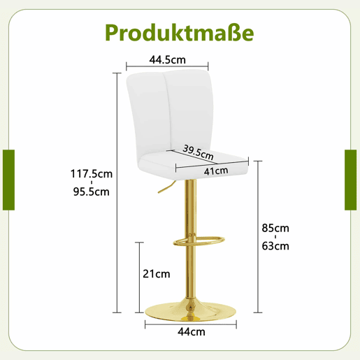 Bancos de bar ajustáveis, 2 unidades - giratórios a 360° - PU resistente à água - Branco + Dourado