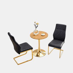 Conjunto de mesa e cadeiras de 60 cm - Mesa redonda em MDF com efeito de madeira e base dourada, 2 cadeiras de jantar pretas com design acolchoado em losangos e estrutura metálica dourada - Preto, Dourado, Madeira