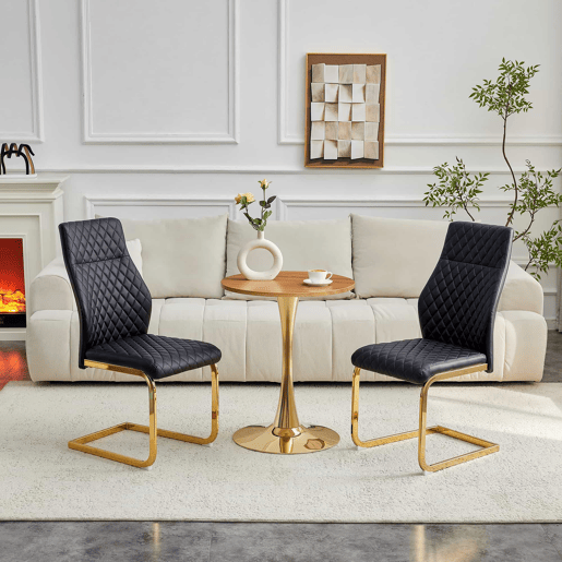 Conjunto de mesa e cadeiras de 60 cm - Mesa redonda em MDF com efeito de madeira e base dourada, 2 cadeiras de jantar pretas com design acolchoado em losangos e estrutura metálica dourada - Preto, Dourado, Madeira