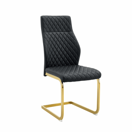 Conjunto de mesa e cadeiras de 60 cm - Mesa redonda em MDF com efeito de madeira e base dourada, 2 cadeiras de jantar pretas com design acolchoado em losangos e estrutura metálica dourada - Preto, Dourado, Madeira