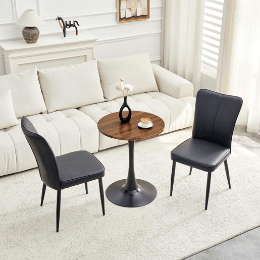 Conjunto de mesa e cadeiras de 60 cm - mesa redonda em MDF com pernas pretas e 2 cadeiras de jantar em PU preto - Preto, Nogueira