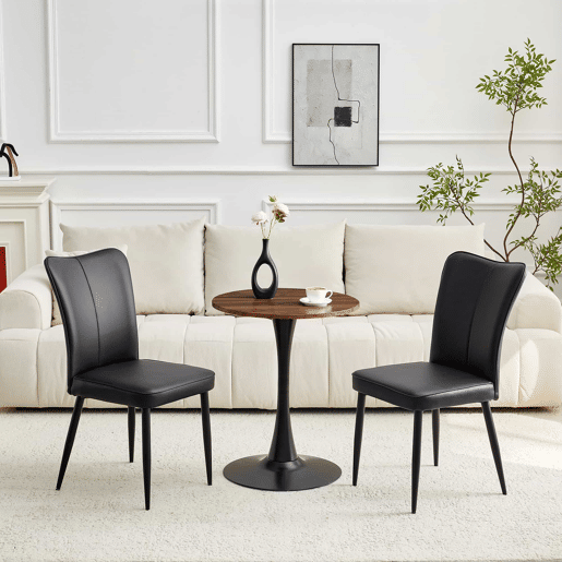 Conjunto de mesa e cadeiras de 60 cm - mesa redonda em MDF com pernas pretas e 2 cadeiras de jantar em PU preto - Preto, Nogueira