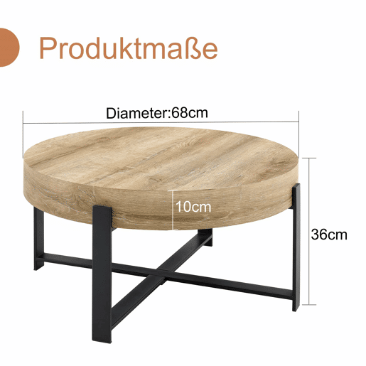 Mesa de centro redonda de 68 cm - estilo retro industrial, MDF com padrão de madeira, estrutura metálica preta - pretomadeira