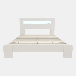 Cama de plataforma em madeira 140 x 200 cm - com arrumação na cabeceira, iluminação LED e tomadas integradas, estilo moderno - branco
