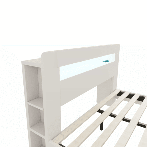 Cama de plataforma em madeira 140 x 200 cm - com arrumação na cabeceira, iluminação LED e tomadas integradas, estilo moderno - branco