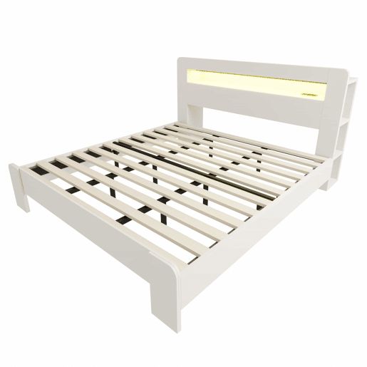Cama de plataforma 180x200 - arrumação na cabeceira, LED, tomadas integradas - branco