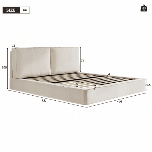 Cama de casal estofada 180x200 cm - com base de colchão, cabeceira acolchoada, tecido de chenille - bege