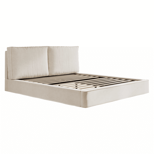 Cama de casal estofada 180x200 cm - com base de colchão, cabeceira acolchoada, tecido de chenille - bege