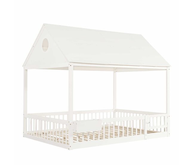 Cama individual infantil 140x200 - detalles de ventana y techo, cortinas blancas decorativas, pequeño espacio de almacenamiento - blanco