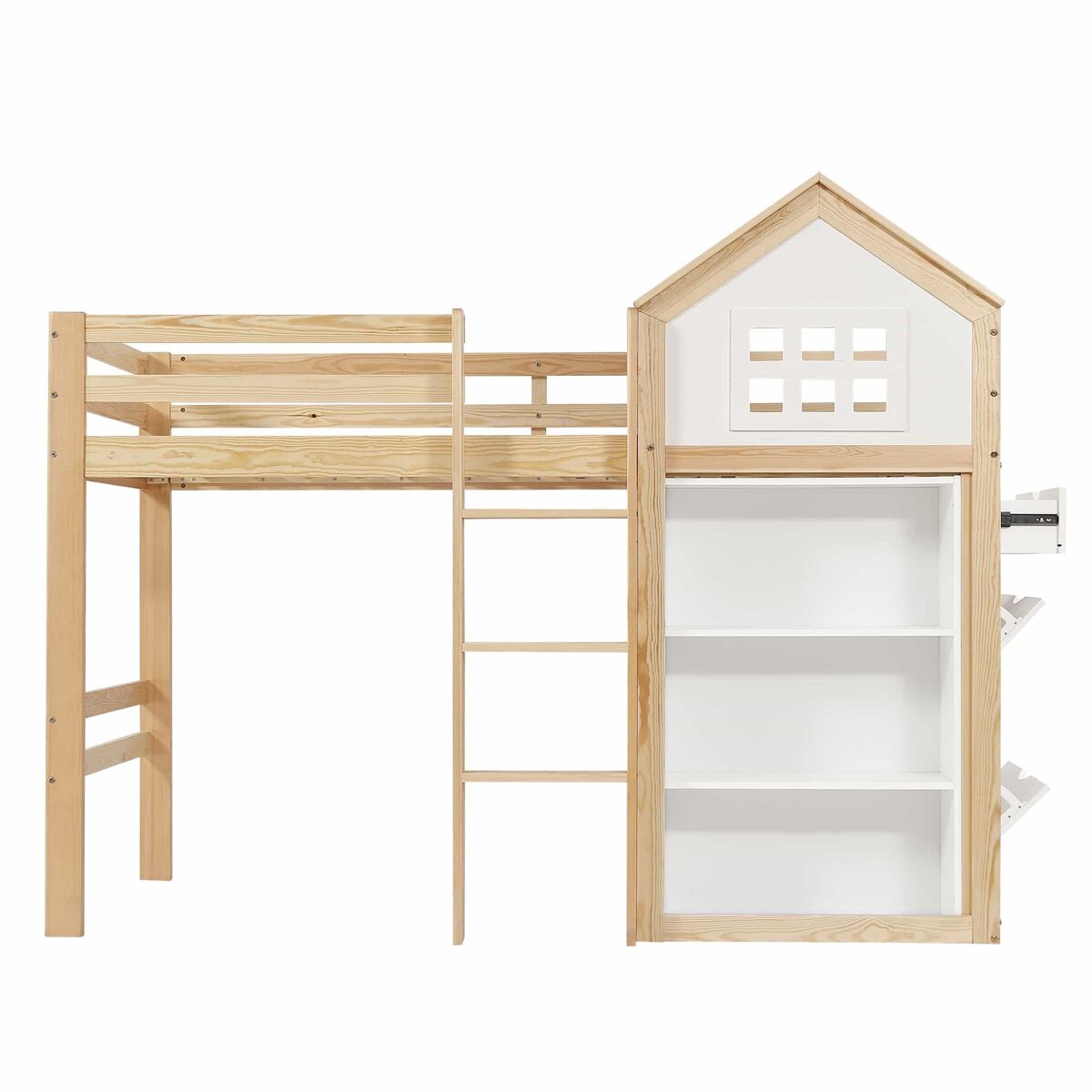 Cama alta infantil 90x200 - con compartimentos de almacenamiento y cajones, escalones resistentes, barandilla de seguridad - blanco+natural
