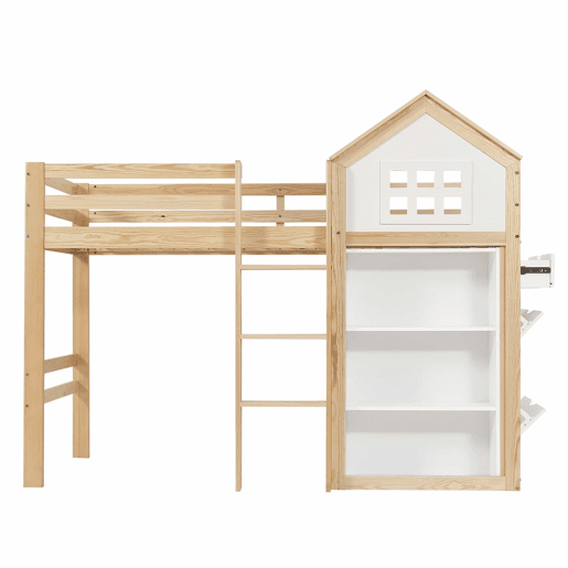 Cama alta infantil 90x200 - com compartimentos de arrumação e gavetas, degraus resistentes, grade de segurança - Branco+Natural