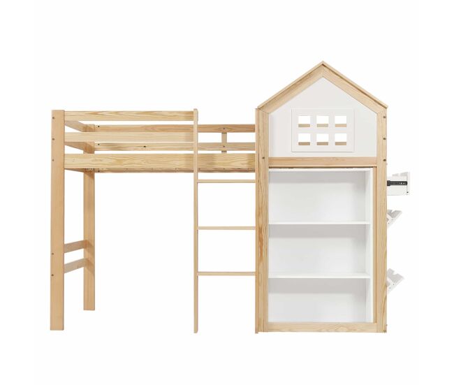 Cama alta infantil 90x200 - con compartimentos de almacenamiento y cajones, escalones resistentes, barandilla de seguridad - blanco+natural
