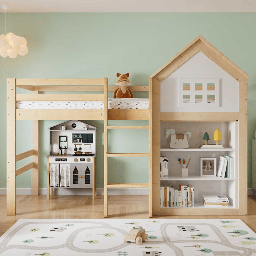 Cama alta infantil 90x200 - com compartimentos de arrumação e gavetas, degraus resistentes, grade de segurança - Branco+Natural