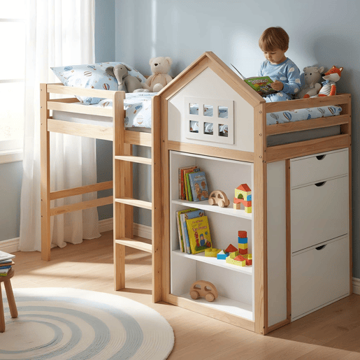 Cama alta infantil 90x200 - com compartimentos de arrumação e gavetas, degraus resistentes, grade de segurança - Branco+Natural