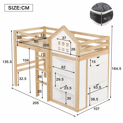 Cama alta infantil 90x200 - com compartimentos de arrumação e gavetas, degraus resistentes, grade de segurança - Branco+Natural
