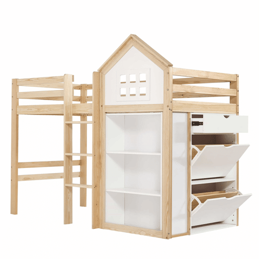 Cama alta infantil 90x200 - com compartimentos de arrumação e gavetas, degraus resistentes, grade de segurança - Branco+Natural