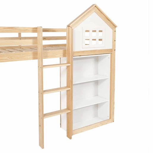 Cama alta infantil 90x200 - com compartimentos de arrumação e gavetas, degraus resistentes, grade de segurança - Branco+Natural