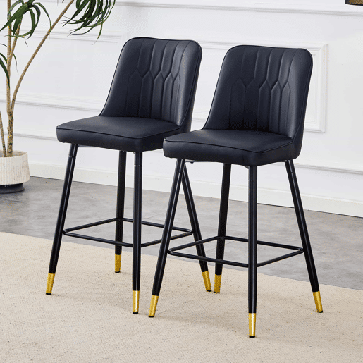 Conjunto de 2 bancos de bar, 100 cm - Couro PU preto, estrutura metálica preta, apoio para os pés confortável - Preto