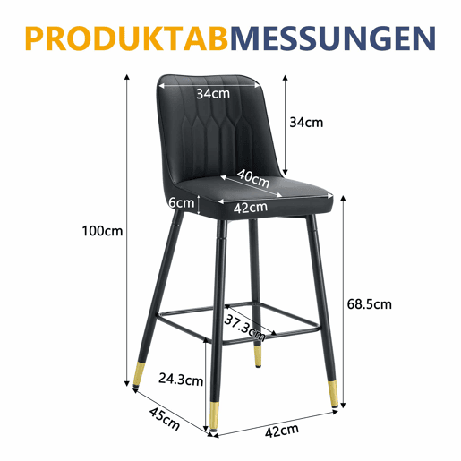 Conjunto de 2 bancos de bar, 100 cm - Couro PU preto, estrutura metálica preta, apoio para os pés confortável - Preto