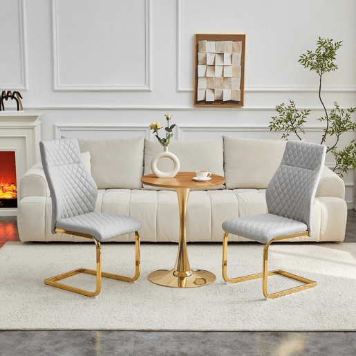 Conjunto de mesa e cadeiras de 60 cm - mesa redonda em MDF com efeito de madeira e base dourada, 2 cadeiras de jantar cinza claro com padrão em losangos e pernas metálicas douradas - dourado, cinza claro, madeira