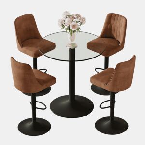 Conjunto de balcão de 89 cm - 4 bancos giratórios com tecido técnico castanho, estrutura metálica preta, mesa de vidro - Castanho+Preto, Transparente