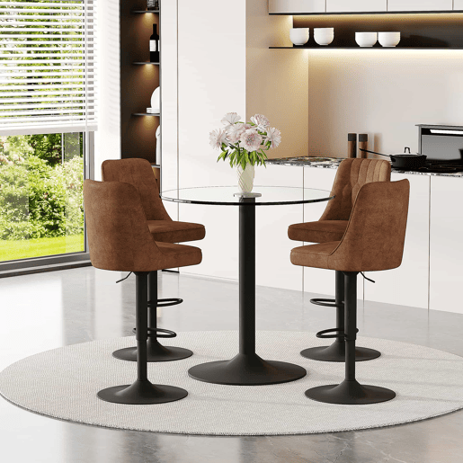 Conjunto de balcão de 89 cm - 4 bancos giratórios com tecido técnico castanho, estrutura metálica preta, mesa de vidro - Castanho+Preto, Transparente