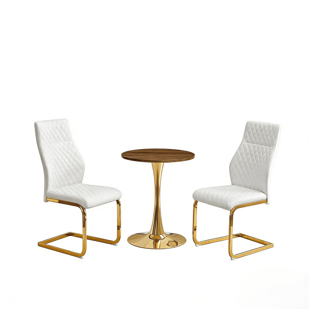 Conjunto mesa y 2 sillas comedor 60 cm - mesa redonda mdf efecto madera, base dorada, sillas blancas con diseño rombos y estructura metálica - blanco/