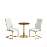 Conjunto de mesa e 2 cadeiras de jantar de 60 cm - mesa redonda em MDF com efeito de madeira, base dourada, cadeiras brancas com padrão em losangos e estrutura metálica - brancodouradomadeira