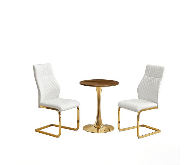 Conjunto mesa y 2 sillas comedor 60 cm - mesa redonda mdf efecto madera, base dorada, sillas blancas con diseño rombos y estructura metálica - blanco/