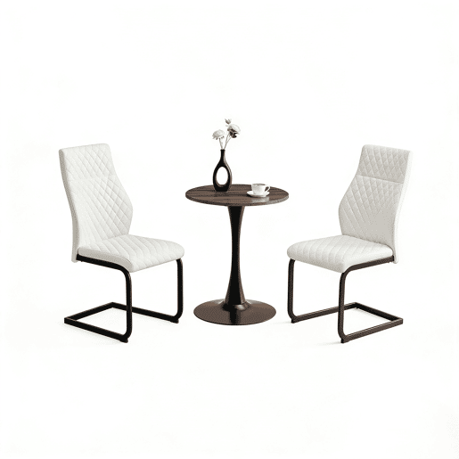 Conjunto de mesa e cadeiras de 60 cm - Mesa redonda em MDF com 2 cadeiras brancas com encosto em forma de losango - NogueiraBranco+Preto