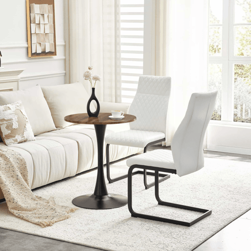Conjunto de mesa e cadeiras de 60 cm - Mesa redonda em MDF com 2 cadeiras brancas com encosto em forma de losango - NogueiraBranco+Preto