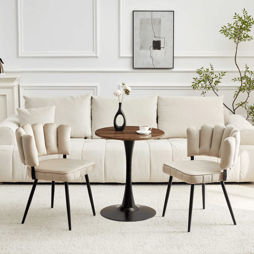Conjunto de mesa e cadeiras de 60 cm - mesa redonda em MDF com base preta e 2 cadeiras de jantar com encosto em forma de pétala em veludo e pernas pretas - Light Coffee, Walnut+black