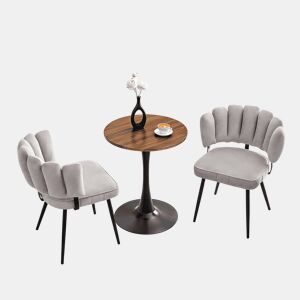 Conjunto de mesa e cadeiras de 60 cm - Mesa redonda em MDF com pernas pretas + 2 cadeiras cinza claro com encosto em forma de pétala e pernas de metal pretas - Cinza claro, nogueira + preto