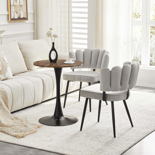Conjunto de mesa e cadeiras de 60 cm - Mesa redonda em MDF com pernas pretas + 2 cadeiras cinza claro com encosto em forma de pétala e pernas de metal pretas - Cinza claro, nogueira + preto